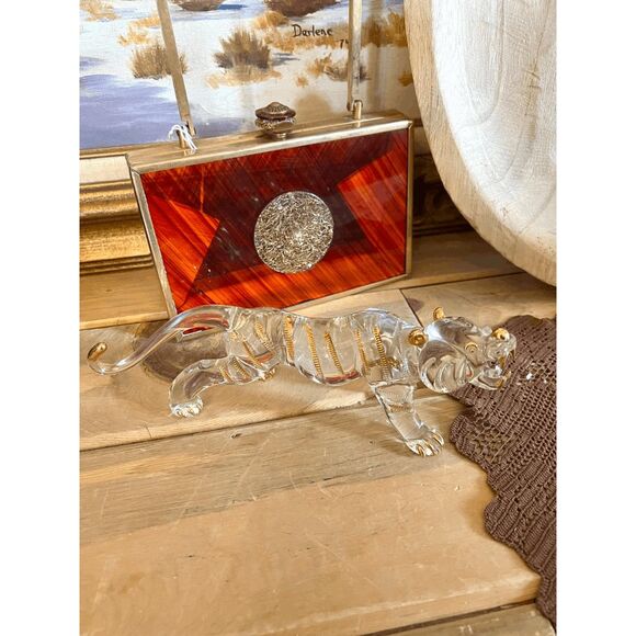 Vintage Hand-Blown Glass Tiger Figurine – Crystal with Gold Stripes - Picture 2 of 5